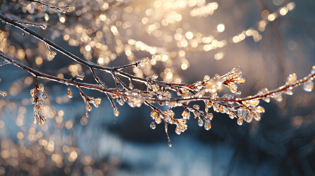 Christmas frozen branches glittering in sunlight 