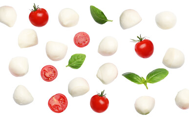 scattered pattern of fresh white mozzarella balls, vibrant red cherry tomatoes, and aromatic basil leaves, creating a dynamic visual against a transparent background.