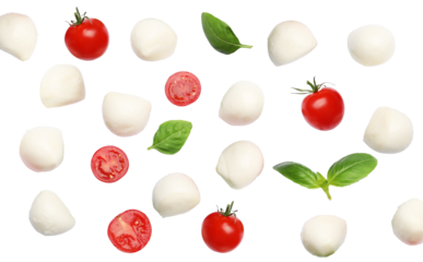 scattered pattern of fresh white mozzarella balls, vibrant red cherry tomatoes, and aromatic basil leaves, creating a dynamic visual against a transparent background.