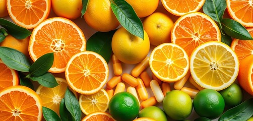 Vibrant oranges, lemons, limes, and vitamin C tablets ,  juicy,   food and drink
