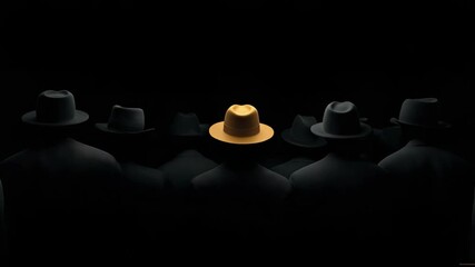 Group of mysterious figures in hats with emphasis on yellow fedora
