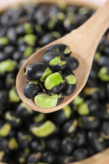 Black Beans with Green Hulls on Wooden Spoon - Healthy Legume Food Photography
