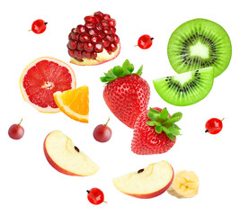 dynamic photograph capturing an exciting explosion of fresh, colorful mixed fruits including strawberries, kiwi, apples, and citrus, floating against a transparent background.