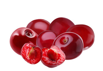 closeup studio photograph of several ripe, dark red cherries, including one halved fruit revealing the seed and juicy interior, isolated against a deep transparent background.