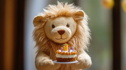 Stuffed lion holding a tiny birthday cake