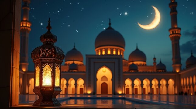 Beautiful mosque illuminated at night under a starry sky with crescent moon - Powered by Adobe