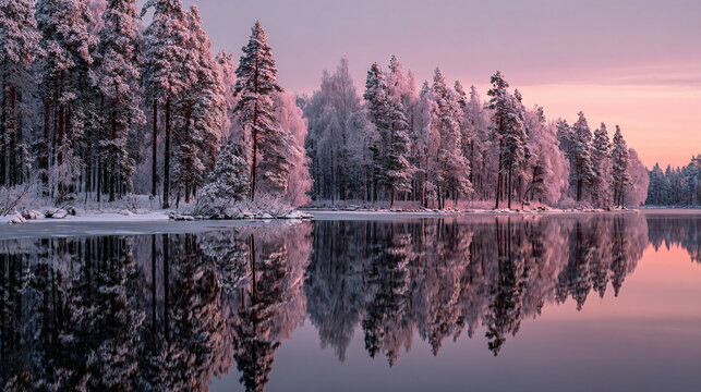 Christmas frozen forest reflecting pink dawn 