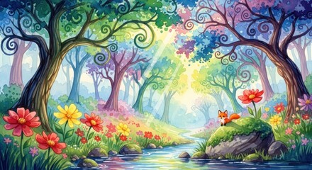 A whimsical, colorful forest scene with a fox and flowers in the foreground, a river flowing through the middle, and a tree with a swirling pattern on its branches in the background.