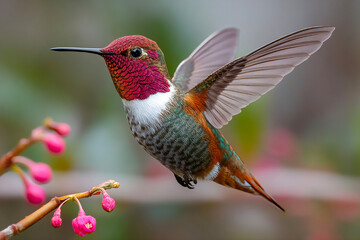 Fototapeta premium Beautiful hummingbird hovers mid-air near pink flowers in a garden Generative AI