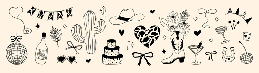 A playful collection of hand-drawn western and disco-themed doodles featuring cowboy hats, boots, and festive accents. Perfect for invitations and retro designs.