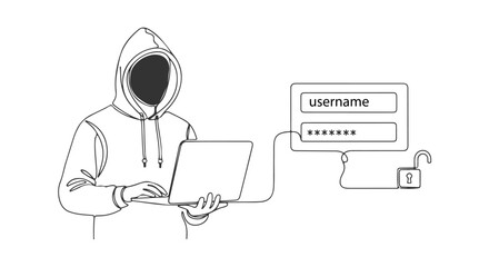 Continuous one line drawing of a hooded hacker committing cybercrime, illustrating a digital security breach and password theft
