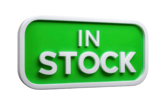 Bright green in stock sign with bold white letters, conveying availability and readiness for purchase in a retail environment. Isolated on transparent background.