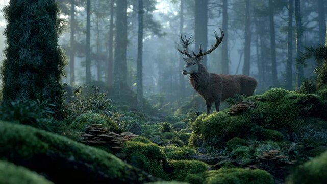 Majestic deer in serene misty forest with lush greenery and mushrooms