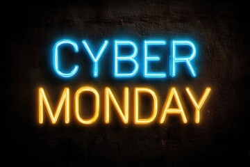 Cyber Monday neon sign glows in the darkness to announce a major online shopping event.
