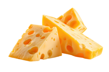 Yellow cheese wedges with holes stacked artistically , showcasing texture and color for culinary presentations and food styling. Isolated on transparent background.