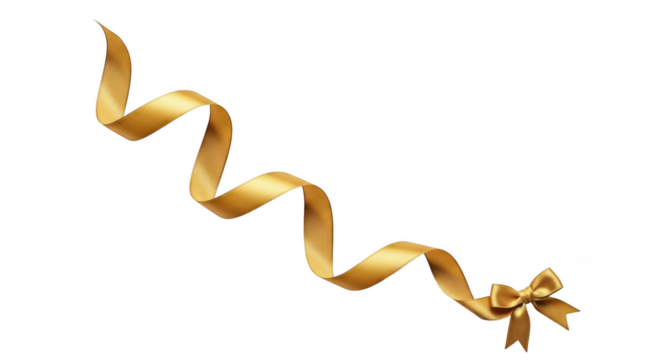 Elegant golden satin ribbon with a decorative bow, ideal for festive gift wrapping and celebrations. isolated on transparent background