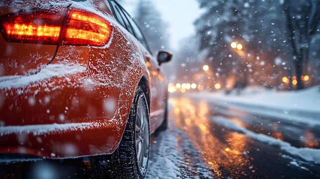 Car parked on snowy road at dusk with falling snowflakes and glowing street lights
