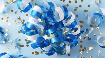 Close up of blue and white streamers and golden confetti scattered on a light blue background celebrating a party