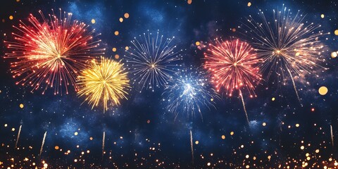 A colorful fireworks display illuminates the dark sky, creating a festive atmosphere. Bright bursts of red, gold, and blue colors fill the night, celebrating joy and excitement.