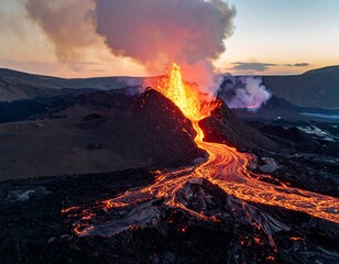 Aerial view showcases a volcanic eruption, fiery lava flows, and smoky atmosphere against the twilight sky