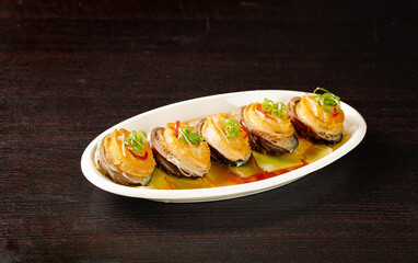 Steamed Abalone with Vermicelli Noodles - Asian Seafood Delicacy on White Plate