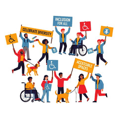 Diverse group of people with disabilities and allies advocating for inclusion and accessibility, holding signs.