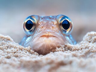 A close-up shot of a fish partially buried in sand highlights its distinctive characteristics and bright eyes, forming a mesmerizing underwater scene