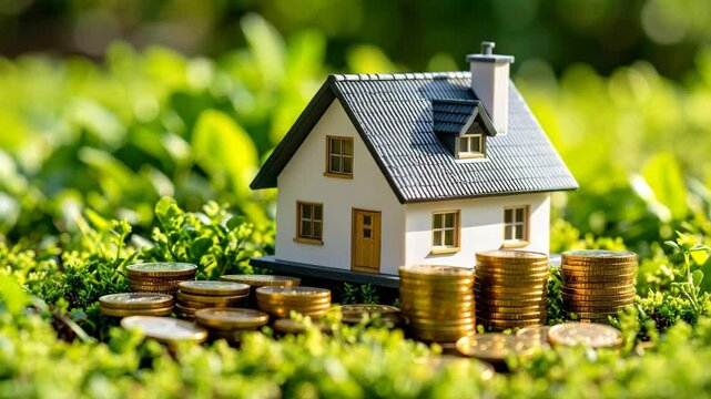 Miniature house model and stacks of golden coins on green foliage representing savings, mortgage payments, or financial stability