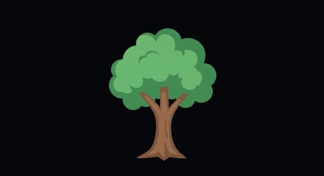 A cartoon tree with green leaves and brown trunk against a black background.