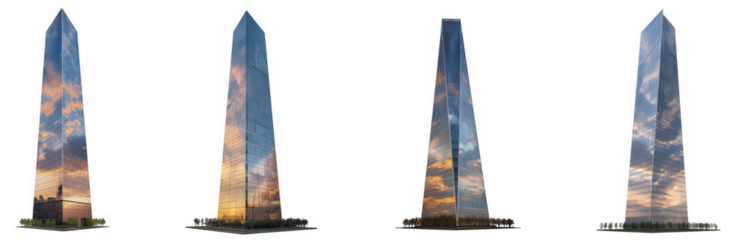 Four obelisks with sky reflection, isolated on transparent background