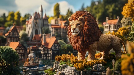 Stuffed lion in a medieval village setting