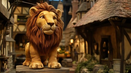 Stuffed lion in a medieval village setting