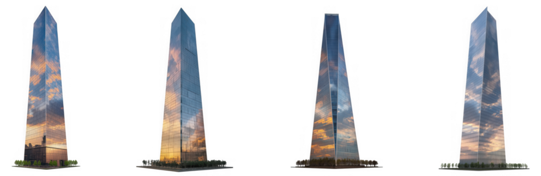 Four obelisks with sky reflection, isolated on transparent background