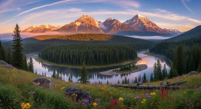 A serene mountain landscape with a winding river and a meadow filled with wildflowers and trees, under a clear sky with a few clouds.