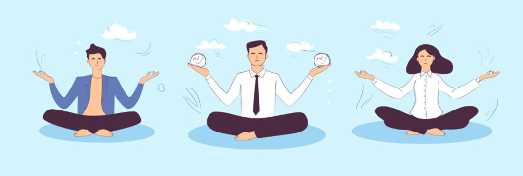 Business people meditating in office clothes practicing mindfulness and stress relief in lotus pose with calm expressions against blue sky background vector illustration