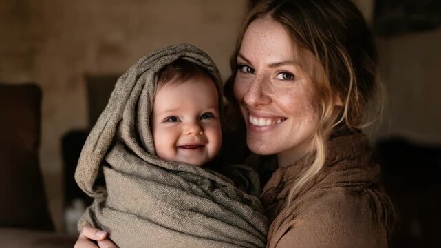 A smiling baby wrapped in a soft gray blanket is held close by a loving mother.