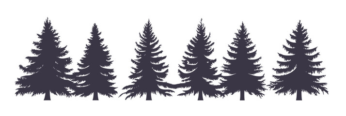 Silhouettes of seven black spruce trees in a horizontal row on white background minimalist flat vector coniferous evergreen forest illustration