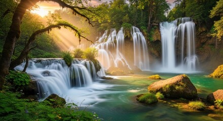 Obraz premium A serene waterfall cascades down a lush green forest, with sunlight filtering through the trees, creating a magical and tranquil atmosphere.