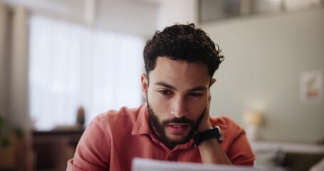 Man, stress and documents in home for finance, investment and paperwork for money assets. Contract, frustrated and anxiety for payment of debt with male person, budget and problem for loan and risk - Powered by Adobe