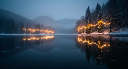 Fototapeta premium A magical winter wonderland with a frozen pond, surrounded by trees decorated with shimmering lights and ornaments.