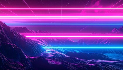 Vibrant landscape, magenta and cyan neon lines over a mountain range, creates a futuristic synthwave aesthetic