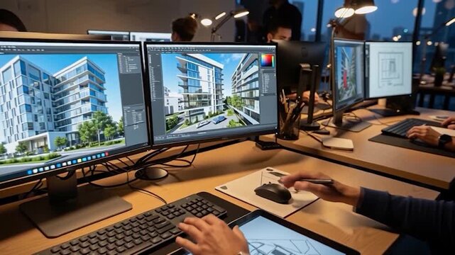 Architectural Visualization Studio with Designers Working on Modern Buildings.