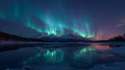 Christmas frozen lake beneath aurora borealis 
