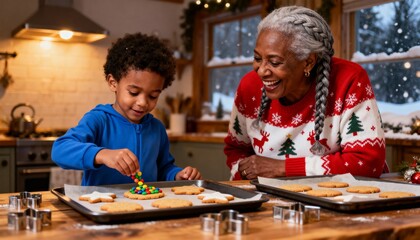 Baking Holiday Memories. Grandmother and grandson decorating cookies.