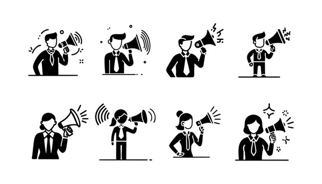 Eight black and white stylized illustrations of people using megaphones