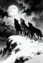 Three Wolves Howling at the Full Moon. Dramatic wildlife illustration.