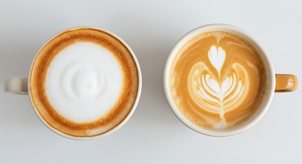 Aerial view showcases two mugs of coffee with intricate latte art on a white backdrop