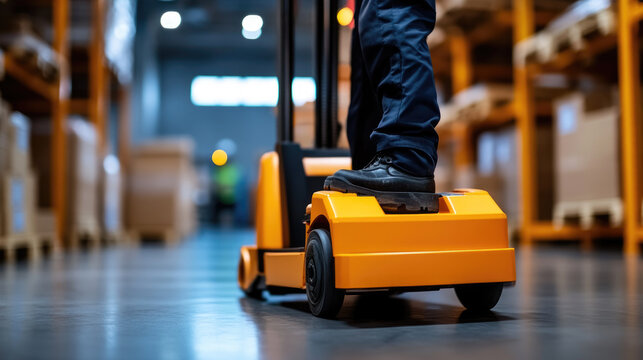 close-up of pallet jack moving heavy materials for delivery in indoor warehouse scene
