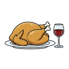 illustration of a turkey on a plate with a glass of drink. isolated on a white background