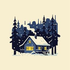 Fototapeta premium Cozy Winter Cabin A Warm Retreat Amidst Snowy Pines – Illustration of a Wood Cabin with Smoke
